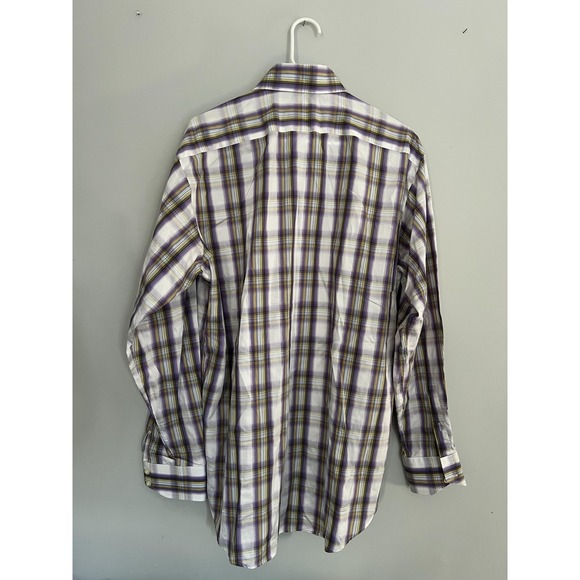 Thomas Dean Shirt Mens Large Purple Yellow Plaid Button Down Smart Casual Cotton - Picture 2 of 14